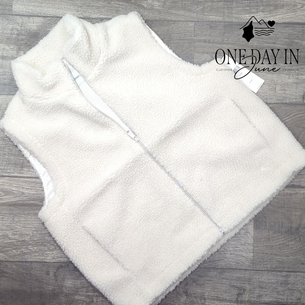 Calvin Klein Sherpa Full Zip Vest Chalk Ivory Cream NWT $129 Size L